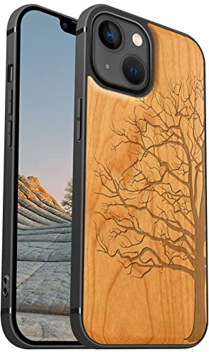 Carveit Coque magnétique pour iPhone 13 [amulette Cerise] [Pare-chocs en TPU souple] Coque de téléphone antichoc compatible avec 13 Magsafe Coque Bois (Arbre éternel)