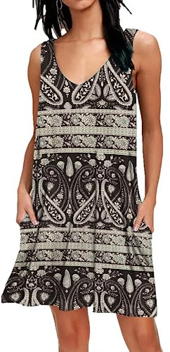 AUSELILY Sommerkleid Damen Ärmellose Strandkleid Leicht Swing Kleid V Ausschnitt Mini Kleid mit Taschen Blaue Blume Schwarz XL