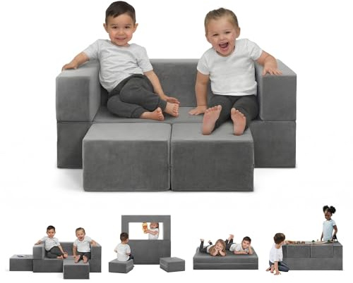 Delta Children Convertible Sofa and Play Set for Kids and Toddlers Modular Foam Couch and Flip Out Lounger with 2 Ottomans, Grey