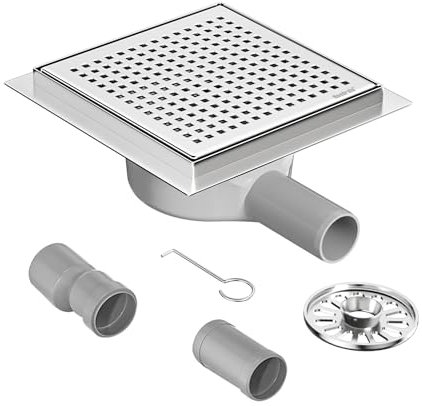 Neodrain Desagüe de ducha cuadrado de acero inoxidable 304 y 360 ° PVC, rejilla a cuadros con superficie de níquel cepillado, incluye colador, gancho y adaptador de desagüe (150 mm x 150 mm)