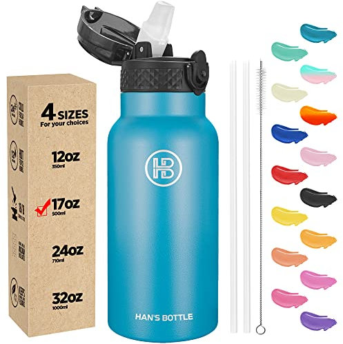 Han's Bottle Kids Water Bottle with Straw Lid - Insulated Stainless Steel Reusable Tumbler for Girls,Boys,Thermo Mug,17oz,Ocean