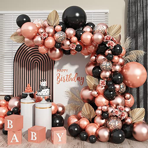 Rose Gold and Black Balloon Arch Kit, 102pcs Matte Black and Metallic Pearl Rose Gold Confetti Latex Balloons Garland Kit for Women Girls Birthday Baby Bridal Shower Wedding Party Decorations Supplies