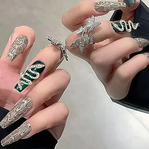 Brishow Sarg künstliche Nägel Gold Schlange Press on Nails Dunkelgrün Lange künstliche Nägel Strass nägel zum Aufkleben Stick on Nails 24 Stück für Frauen und Mädchen