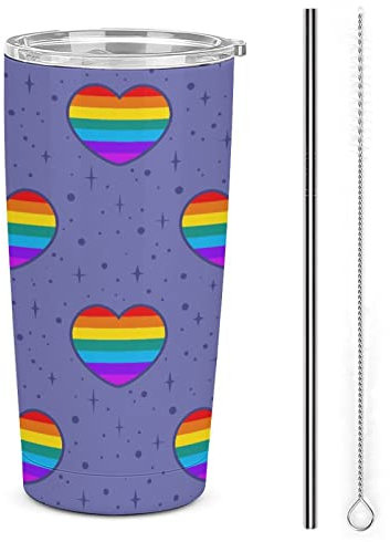 20oz Tumbler Travel Mug Heart Rainbow LGBT Stainless Steel Coffee Cup Car Drinking Cup with Lid and Straw for Work School Travel