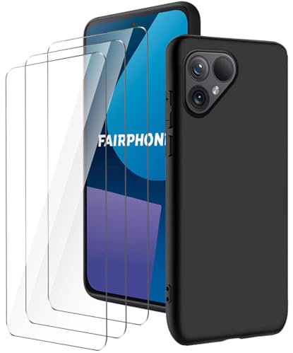 LYZXMY Hülle für Fairphone 5 5G(6.46) Schwarz Handyhülle + 3 Stück Gehärtetes Glas Schutzfolie, Case Weich Silikon TPU Schutzhülle Cover 9H Härte HD Gehärtetes Glasfolie Glas