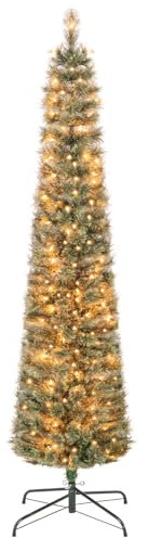 COSTWAY 6 FT Slim Pencil Christmas Tree, Pre-lit Xmas Tree with Branch Tips, Pine Needles and Incandescent Lights, Artificial Xmas Decoration Tree for Home Office (Green)