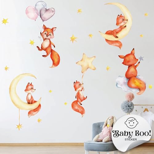 Baby Boo! Wandtattoo Kinderzimmer, Fuchs auf Stern Mond Wolke, Kinderzimmer Deko, Babyzimmer Deko, Wandsticker Kinderzimmer, Wandaufkleber Kinderzimmer, PVC, Wanddeko (90 x 30 cm)