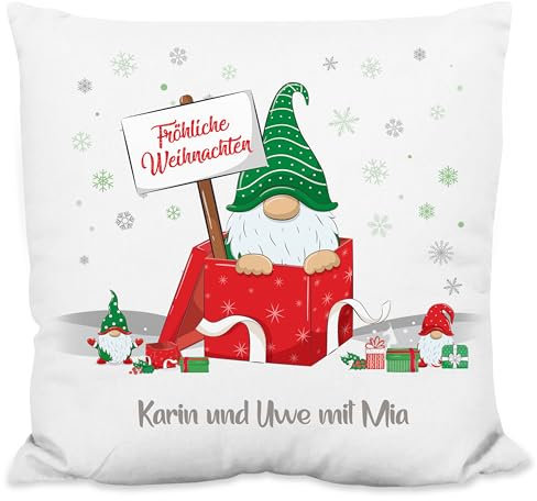 True Statements Weihnachtskissen personalisiert „Fröhliche Weihnachten“ - mit Wichtel-Motiv (grün) - 40x40cm, inkl. Kissen-Füllung - Zierkissen Geschenk Weihnachten (Flauschiges Kissen)
