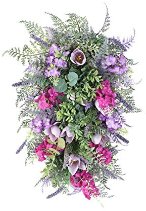 RXMORI Spring Wreath for Front Door, Spring Teardrop Swag, Artificial Lavender Tulip Flowers Swag with Green Leaves, Artificial Floral Swag Wreath for Window Wall Home Decor(Light purple)
