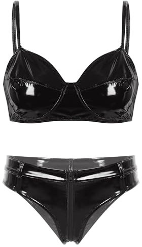 Oyolan Damen Lack Leder Bügel BH Push Up Bra Mini Tanga Erotische Dessous Set Bikini Hose Lingerie Clubwear Schwarz S