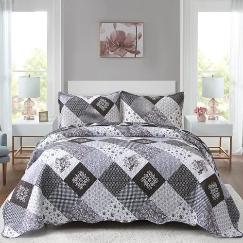 WONGS BEDDING Tagesdecke 240x260 Patchwork Bettüberwurf Gesteppt Bedspreads Blumen Muster Steppdecke Mikrofaser kariertem Tagesdecke mit 2 Kissenbezug 48x75 (Schwarz Grau)