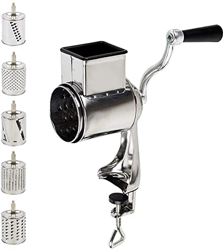 Manuelle Kartoffelreibe Reibemaschine Küchenmaschine mit 5 Trommeln Reiben Küche Manuelle Trommelreibe, Gemüsehobel, Starke Saugwirkung, Ideal für Gurken, Käse Nüsse, Karotten usw, Weiss