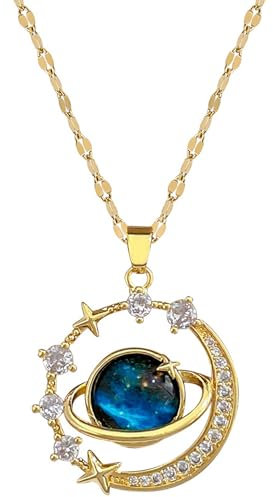 Bcenoilua Kette Damen Planet Space Pendant Stern Und Mond Halskette Blau Planet Universum Frauen Charm Geburtstag Schmuck Geschenke für Frauen Mädchen XQ