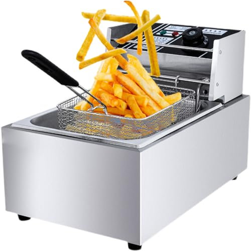 6 L Freidora Eléctrica Comercial, 6000W, acero inoxidable, freidora industrial hosteleria con 1 Cestas para Freír Tapas Temperatura Ajustable 60℃-200℃ drenaje de aceite extraíble