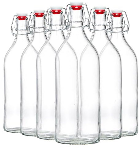 Danmu Art 6PCS 1000ML Glass Bottles with Swing Top - Airtight Brewing Storage Bottles - Homemade Kangpu Tea Fermented,Cold Drink, Wine 35oz