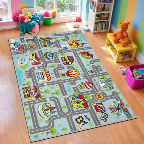 Capslpad Kinder Teppich 100x160cm rutschfest Pastellblau Kinder Spielteppich Waschbar Stadt Straße Kinderteppich Kurzflor Spielmatte Pädagogischer Spielteppich für Mädchen Kinderzimmer Spielzimmer