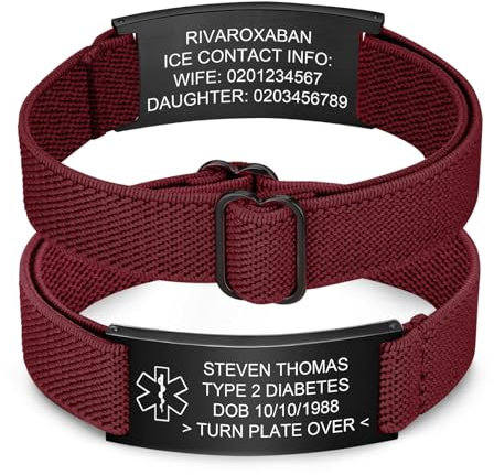 FLHEART Personalisierte Notfallarmband Medizinisches Alarm Armband - Wein Rot Elastische Strap SOS ID Armband mit Gravur Diabetes Allergie Epilepsie Telefonnummer Notfall Armbänder für Damen Kinder