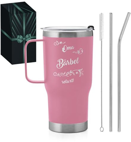 Maverton Personalisierter Thermobecher mit Strohhalm 600 ml - Edelstahl Kaffeebecher to go mit Deckel und Henkel - Geschenk für Frauen - personalisiertes Geschenk für Oma - Rosa