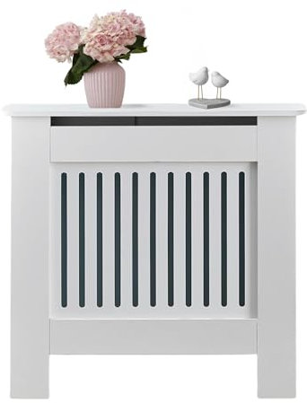 MAGIC SELECT Cubreradiador. Cubierta Radiador. Protector Refractario Blanco de MDF con Estante y Listones. Mueble con Diseño Moderno de Rejilla Elegante para Salón, Domitorio, Oficina (109x82x19cm)