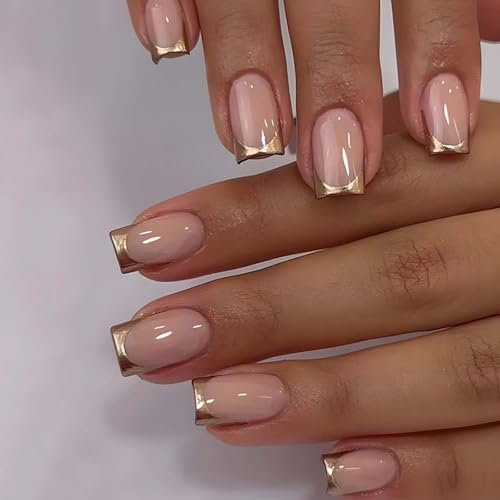 24PCS Short Square Fake Nails with Glue - Nude French Tip with Gold Liner - 12 Sizes Full Cover Acrylic tips - Stick on Nails for Women
