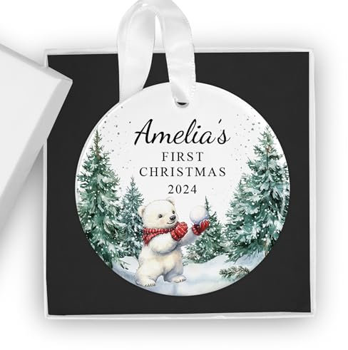 Personalised Baby's First Christmas Bauble - Custom 1st Xmas Ceramic Ornament, Keepsake - Gift Box Included - Ideal for New Baby Boys & Girls Tree Decoration (Polar Bear)