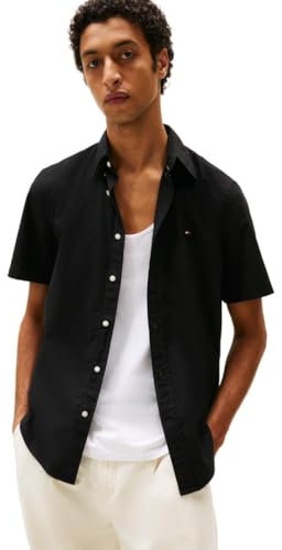 Tommy Hilfiger Short Sleeve Poplin Regular Fit, Men's Button Down Shirts, Black, Medium