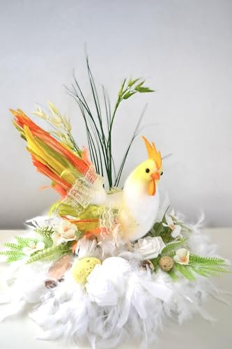 Osterkranz Ostergesteck Tischkranz Federn Hahn Kunstblumen Deko Ostern