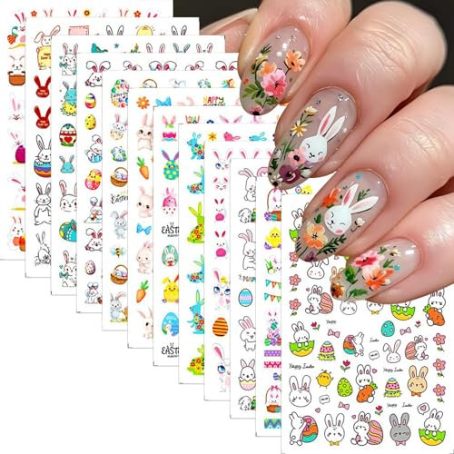 Oster Sticker Nagel, 12pcs Hasen Nagel Sticker, Nagelaufkleber Ostern, Nagelaufkleber Hase, Nagelsticker Kaninchen, Nagelkunst Aufkleber 3d, Süße Nailart-Dekorationen für Ostern(12 Stile)