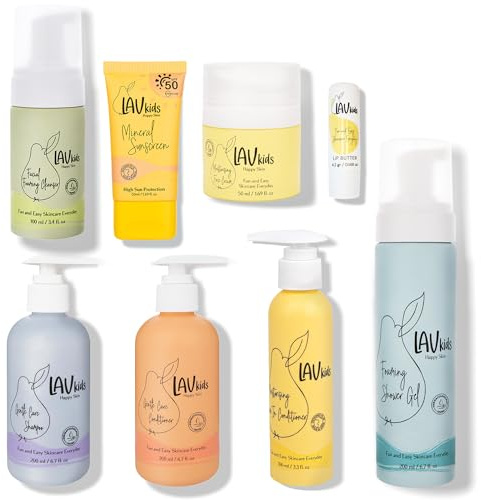 LAV KIDS 7-teiliges Hautpflege-Set, Gesichtsreinigung, Creme, Lippenpflege, mit Haarpflegeprodukten und Zubehör, 150 ml