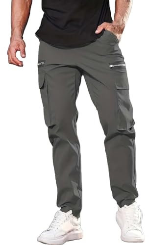 Herren-Cargohose mit mehreren Taschen, einfarbiges Reißverschluss-Taschen-Design, strapazierfähige Bundhose für Alltag und Arbeit, Herbstkollektion, dunkelgrau, S