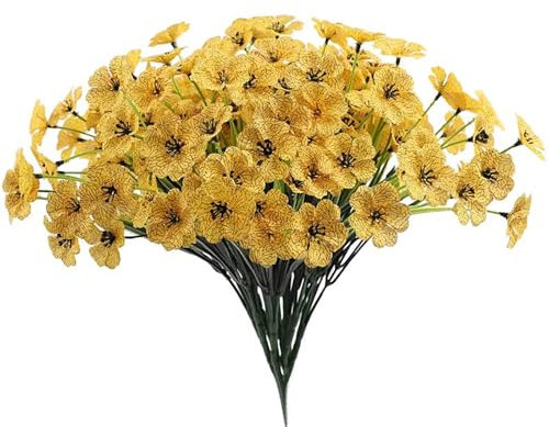 lyxamjrzyp Flores Artificiales Exterior, 10 Tallos Flores Falsas UV Resistentes, Plantas Realistas para Jardín, Terraza, Cementerio y Bodas(Yellow)