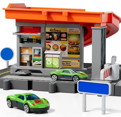 KIZONLY - Jeu de voitures de jouet, jeu de pilotes d'activité, jeu de voiture pour restaurant, voitures jouets à l'échelle 1:64 et jouets de garage de voiture pour tout-petits 1-3