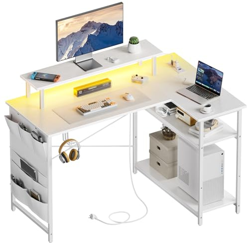 HLONONE L-förmiger Schreibtisch mit LED und Steckdosen, 110 x 80 cm, Eckschreibtisch mit Regal, Computertisch mit Monitorständer und Aufbewahrungstasche, Gaming Tisch L Form für Büro, Heimbüro, Weiß