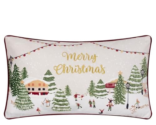 furn. Joy To All Cushion Cover (Snow - 30x50cm) | Festive Velvet Embroidered Christmas City Scene Piped Trim Decorative Case