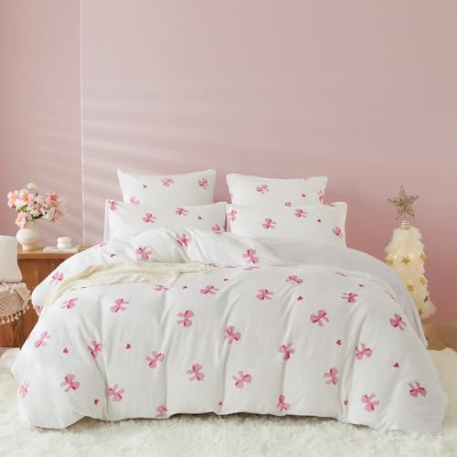 Flanell Bettwäsche 220x240 Rosa Schleifen Kawaii Winter Warm Biber Plüsch | Winterbettwäsche Set, Cashmere Touch, Soft Kuschel Fleece, Flauschige Bettbezug und 2 Kissenbezug 80x80 mit Reißverschluss