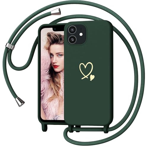 Yichxu Yichu Coque pour iPhone 12 avec Cordon, Souple Silicone Liquide Housse avec Collier, Réglable Lanyard Case, Motif Coeur d'amour Antichoc Etui Protection Cover pour iPhone 12, Vert