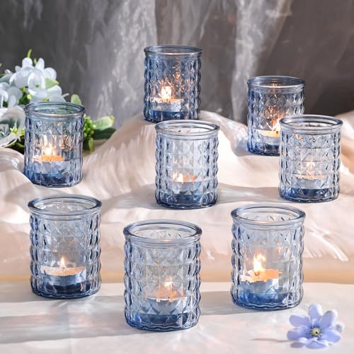 LETINE 12 Stück Blau Teelichtgläser, Glas Kerzenhalter, 6,7 X 5,5 cm | Langlebig und Hochwertige Teelichthalter, kerzengläser Geeignet für Partys, Festivals, Hochzeiten, Heimdekoration