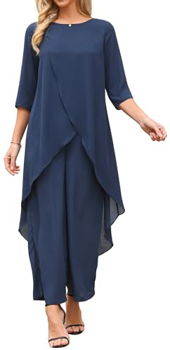 Seta T Women's 2 Piece Chiffon Sets Summer Dressy Pantsuits High Low Top Pants Set Formal Wedding Guest Outfit Dark Blue XL
