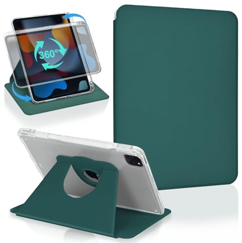 Koze 360° Rotating Case for iPad Pro 11 Inch 2022/2021/2020/2018 (4th/3rd/2nd/1st Generation) with Pencil Holder, Swivel Stand Clear Acrylic Back Protective Cover, Auto Wake/Sleep, Night Green