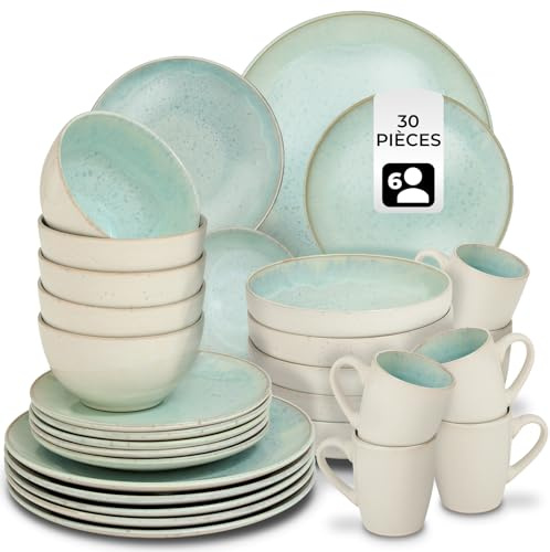 tectake® 30tlg. Kombiservice 6 Personen, Steingut Geschirrset 6 Personen, handgefertigtes Teller Set mit Schüsseln und Tassen, Geschirr Set spülmaschinen- und mikrowellengeeignet - Mid Sea