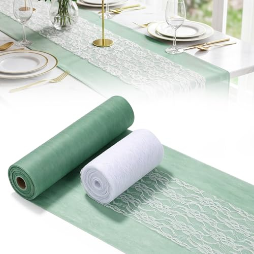 VIRETH HAUS Tischdeko Set Eukalyptus Grün, 2 Rollen Tischband, Zuschneiden | Vlies Tischläufer 0,3m x 25 m + Spitzenband Weiß 0,15m x 25 m, für Kommunion, Taufe, Konfirmation, Hochzeit, Geburtstag