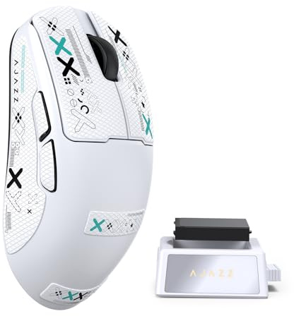 A.JAZZ AJ159 V2 Souris De Jeu Sans Fil Avec Batterie Interchangeable, Deux Modules 300mAh Et Socle De Charge, 54g Ultra Léger, Capteur 32000DPI Adapté Aux Ordinateurs PC Et Mac (Blanc 2)