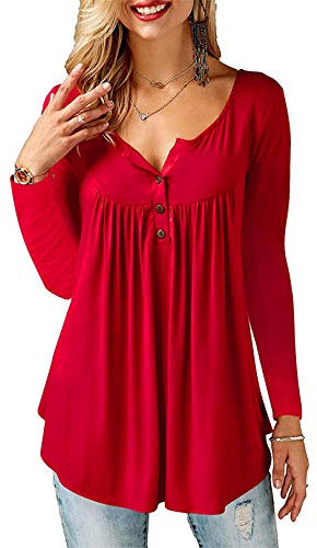 BeLuring Long Sleeve Hneley Shirts Women Casual Button Tunic Tops Blouses, 12/14 UK, A - Red