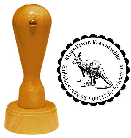 Stempel Adressstempel « KÄNGURU » Durchmesser ca. Ø 40 mm - mit persönlicher Adresse, Motiv und Zierrand - Tier Tiere Wildtiere Australien Beuteltier