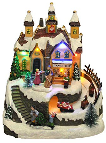 Selections Christmas Scene Decoration Ornament with Toy Shop, Moving Santa Sleigh and Sound