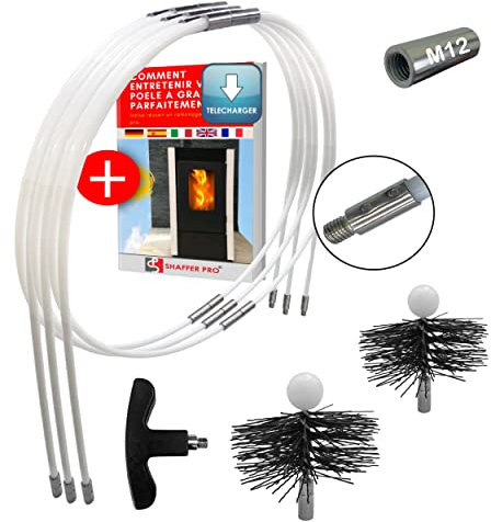 SHAFFER PRO - Kaminreinigungsset Pellet 9 Meter – Igel Schornsteinfeger 80 mm 100 mm Easyflex [kostenloses E-Book zum Download für Pelletofen Pellets Granulat] 15 flexible Reinigungsrohre, Adapter M12