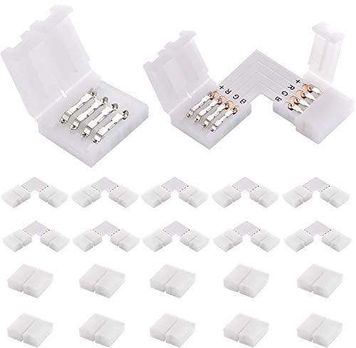 Connecteurs de bande lumineuse LED RGB 4 broches 10 pièces en forme de L + 10 pièces sans interruption pour bande LED multicolore SMD 5050 (20 pièces)