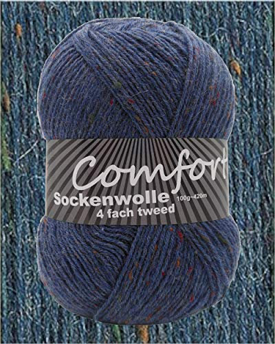 100gr Comfort Sockenwolle Strumpfwolle Tweed 4-fädig - 100gr Knäul - 420m Lauflänge - Nadelstärke 2,5-3,0mm-klassiche traditionelle Farben (jeansblau 06)