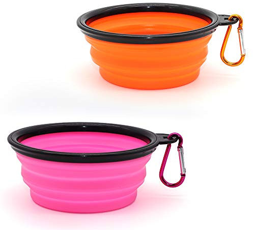 SLSON 2PZ Ciotola Pieghevole per Cane,Ciotola Viaggio Cani con Moschettone Alpinismo,Ciotola Portatile Usato per Gatti,Cani e Animali Domestici per L’Acqua e Cibo (350ml, Arancione e Rosa)
