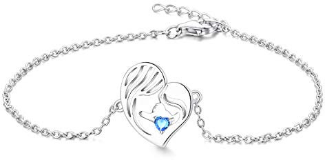 YL Mutter und Tochter Armband 925 Sterling Silber Schnitt März Geburtsstein Aquamarine Blue Herz Armband für Mutter Damen